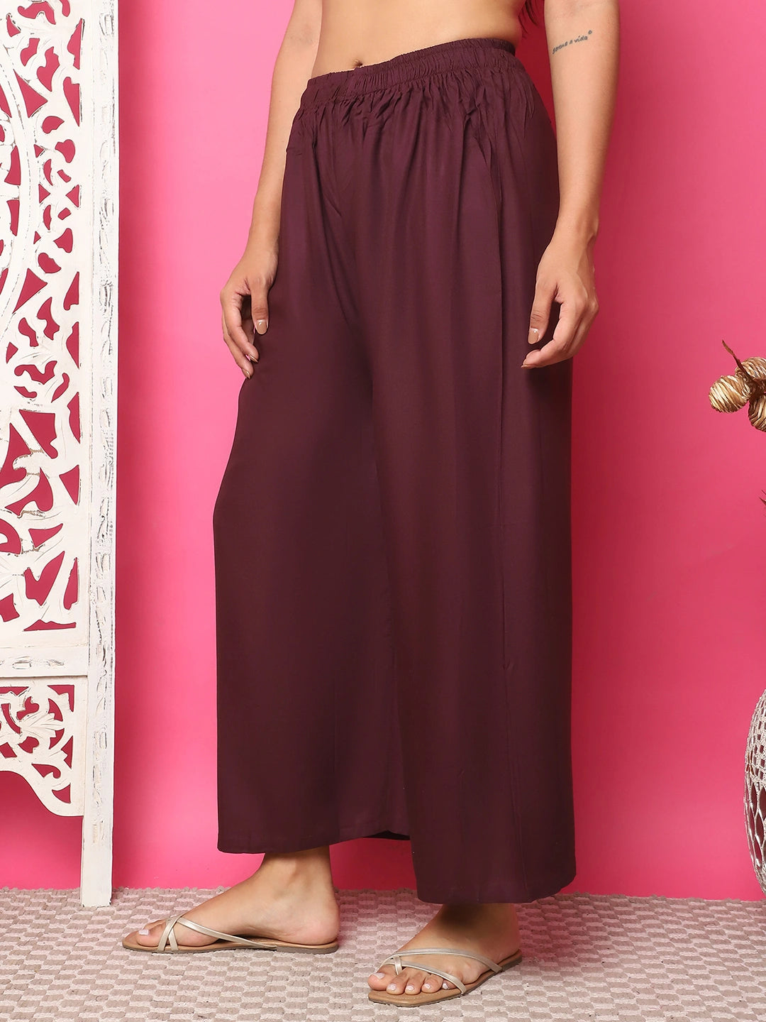 Wine Solid Rayon Palazzo