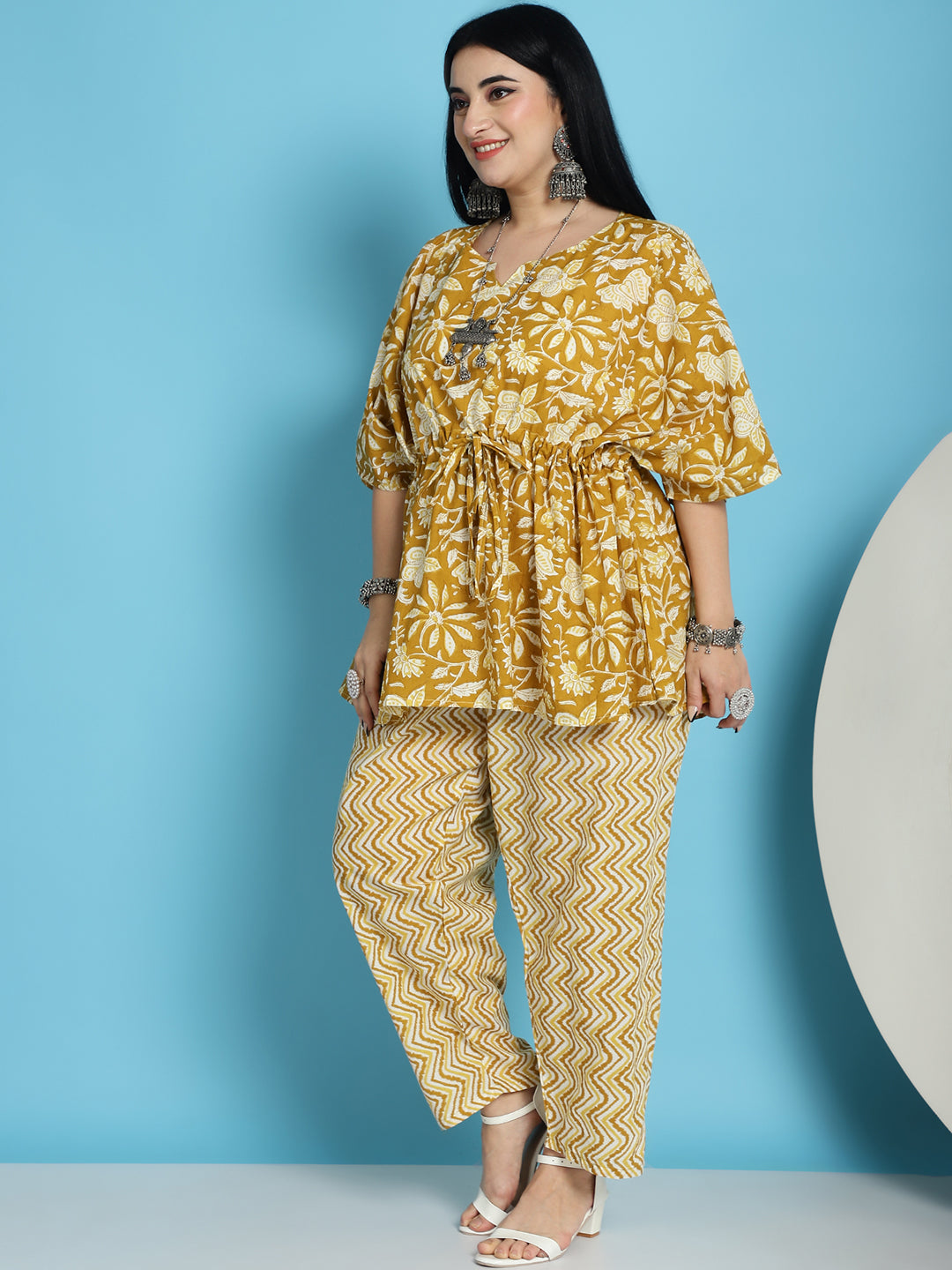 Plus Size Mustard Printed Cotton Kaftan And Pant Set