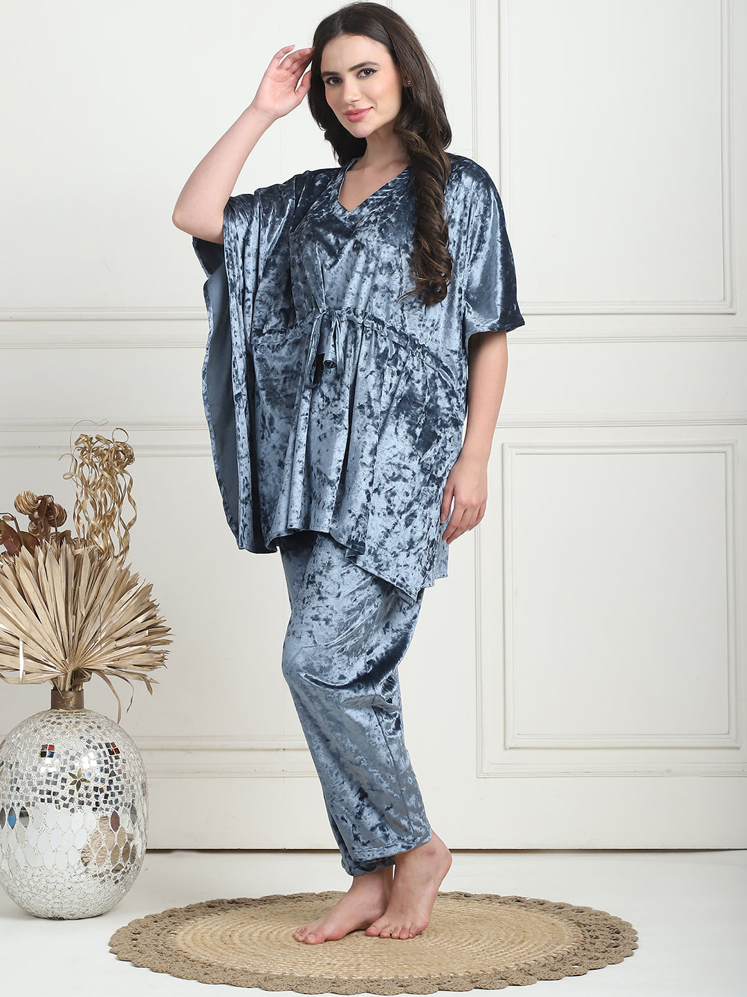 Metallic Blue Ice Velvet Kaftan Lounge Set