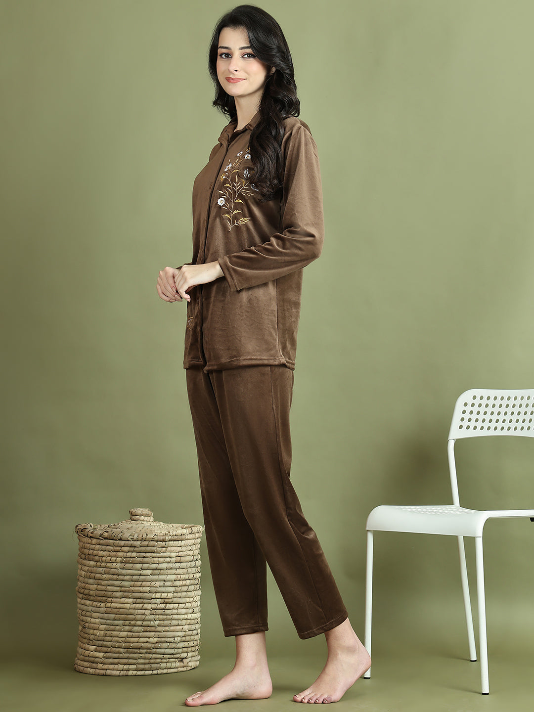 Brown Embroidery Velvet Lounge Set