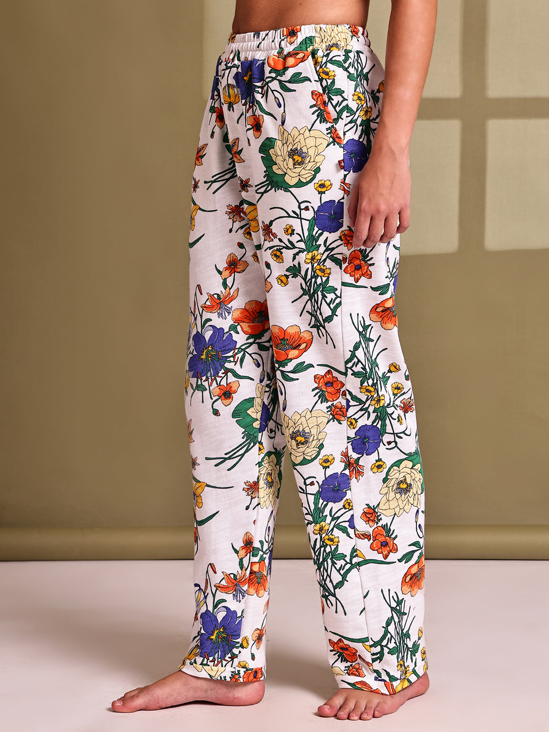 White flower Cotton Hosiery Lounge Pant