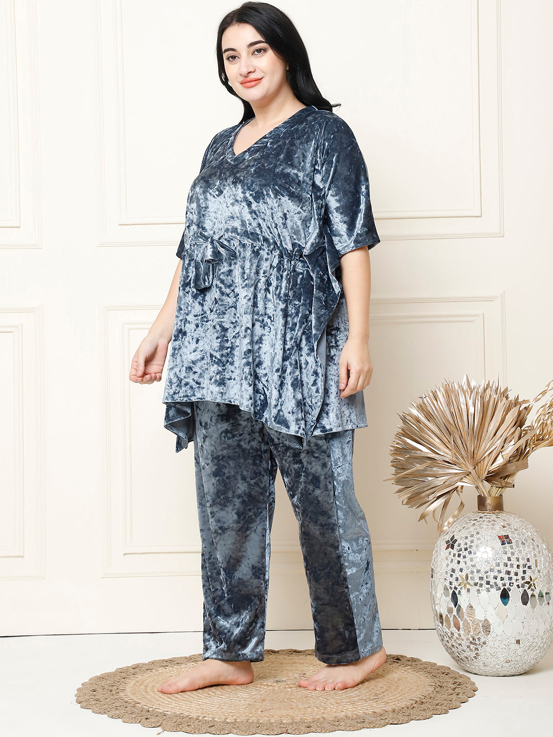 Metallic Blue Ice Velvet Kaftan Lounge Set