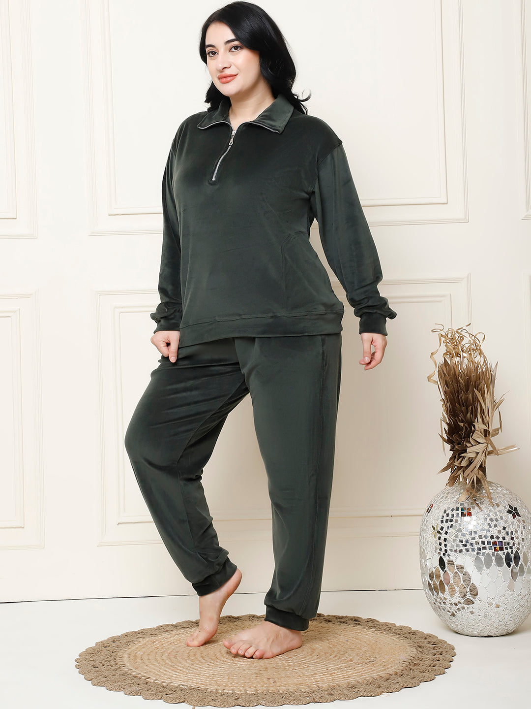 Olive Velvet Zip Lounge Set