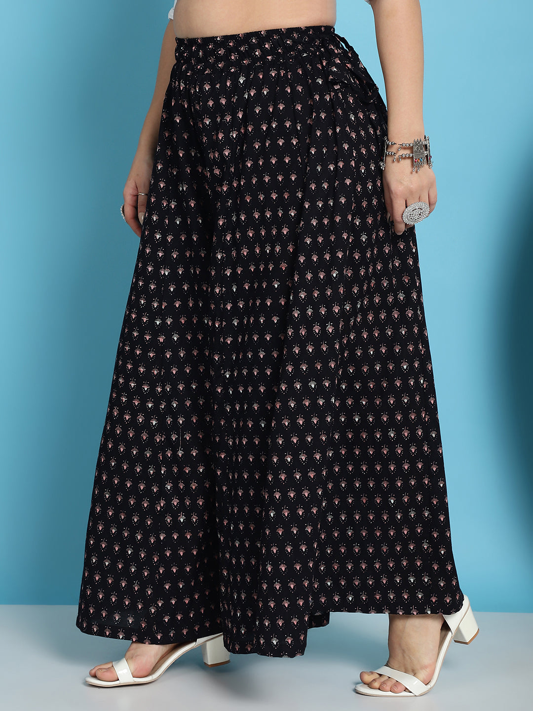 Black Printed Cotton Flared Kali Palazzo