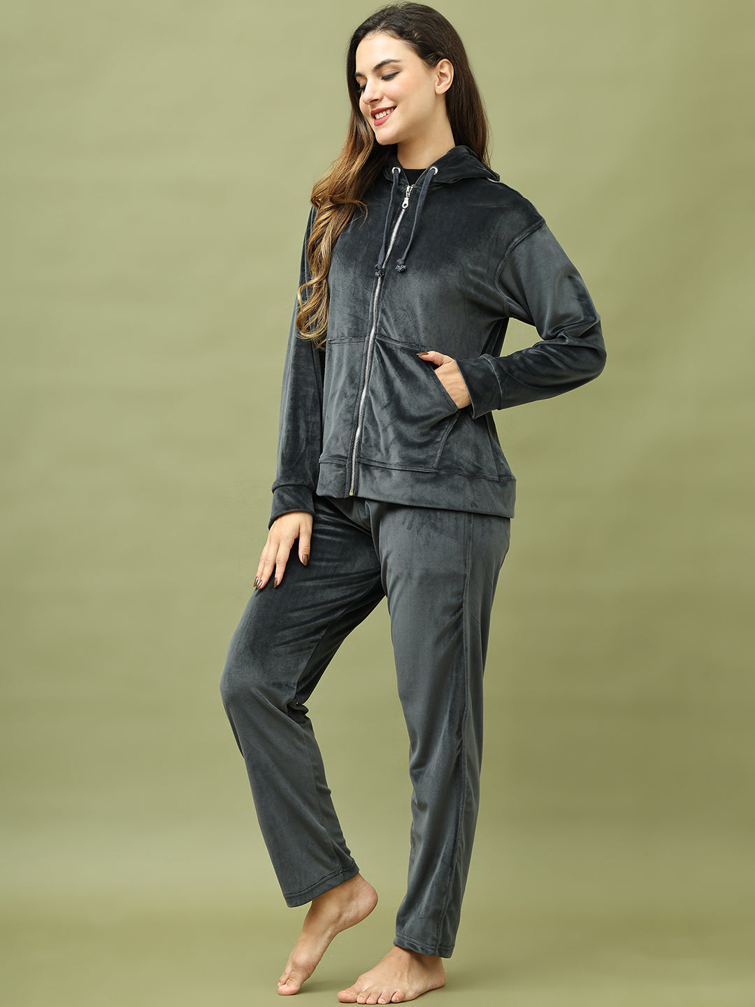 Dark Grey Velvet Hoodie Lounge Set