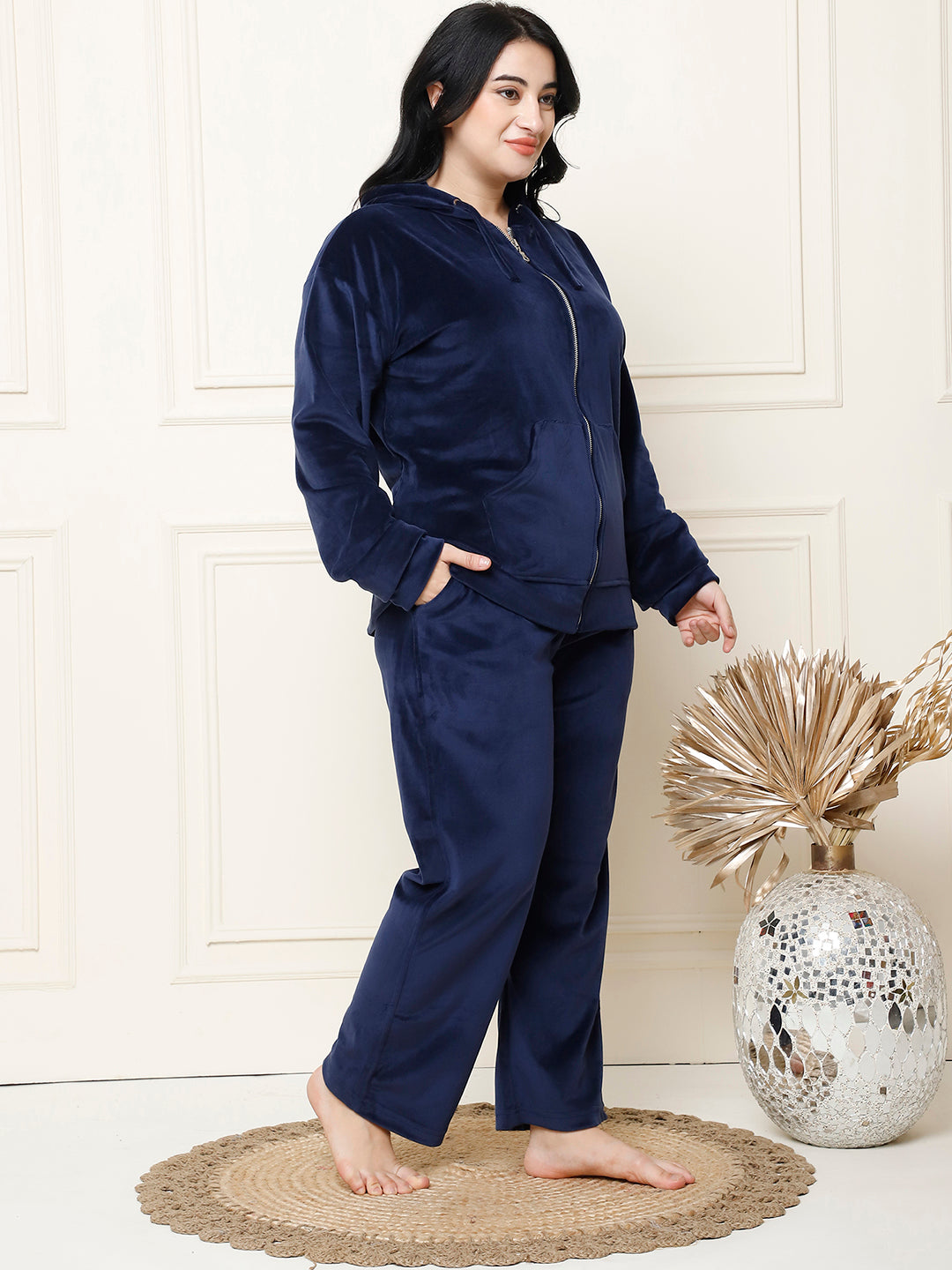 Navy Blue Velvet Hoodie Lounge Set