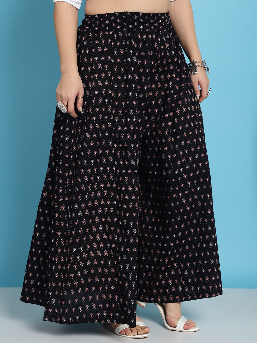 Black Printed Cotton Flared Kali Palazzo