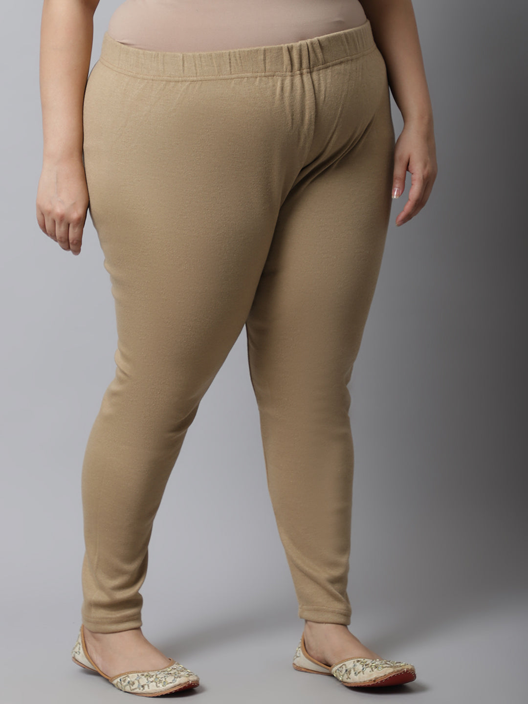 Light Beige Woolen Ankle-Length Plus Legging