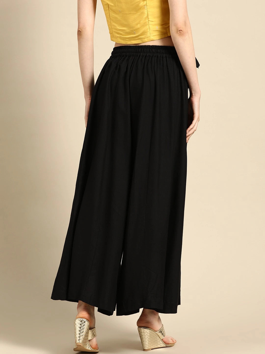 Black rayon double flared palazzo
