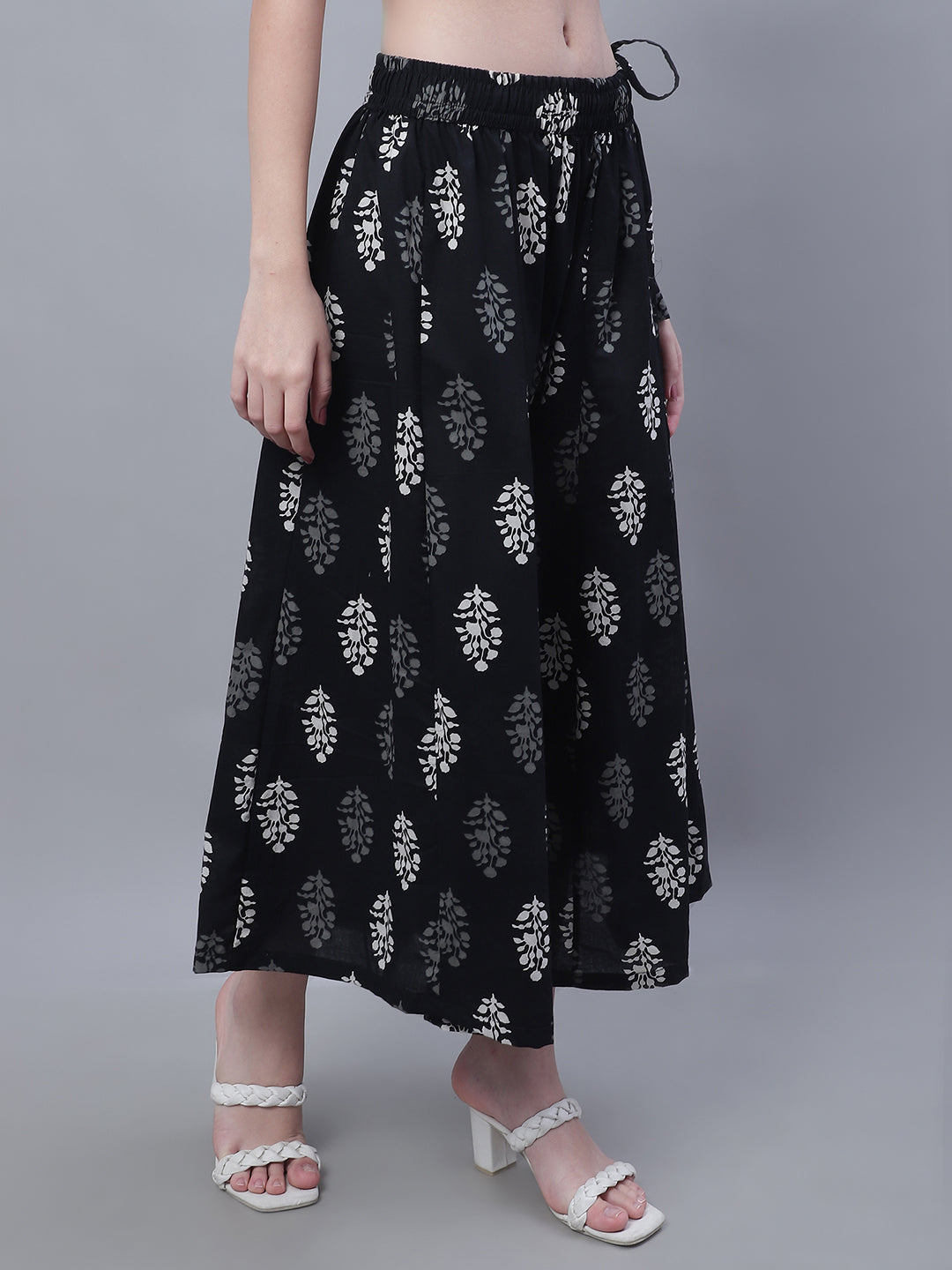 Black Block Cotton Print Flared Palazzo