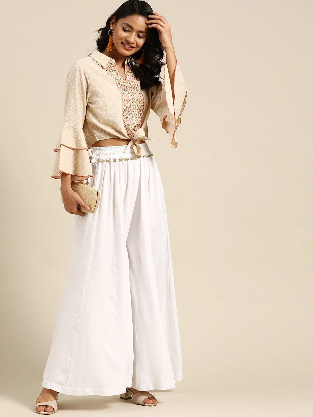 White rayon double flared palazzo