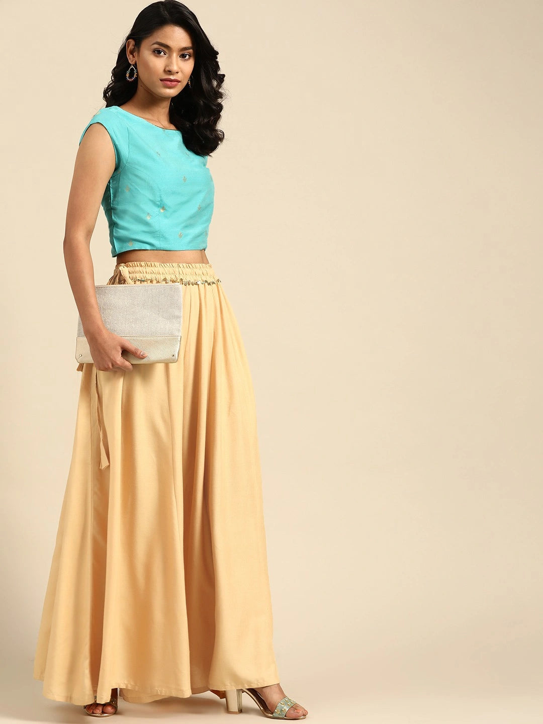 Beige rayon double flared palazzo