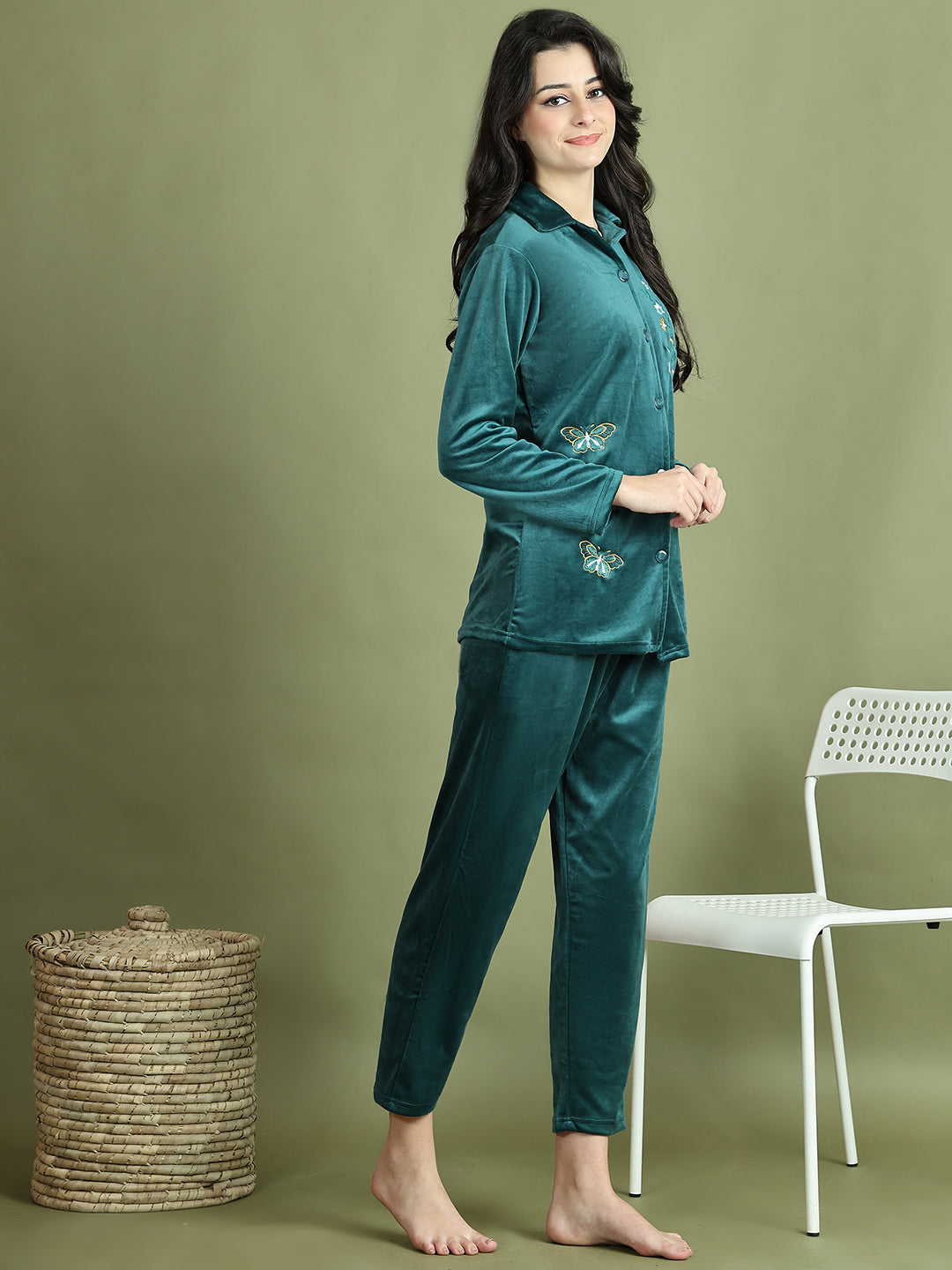 Bottle Green Embroidery Velvet Lounge Set