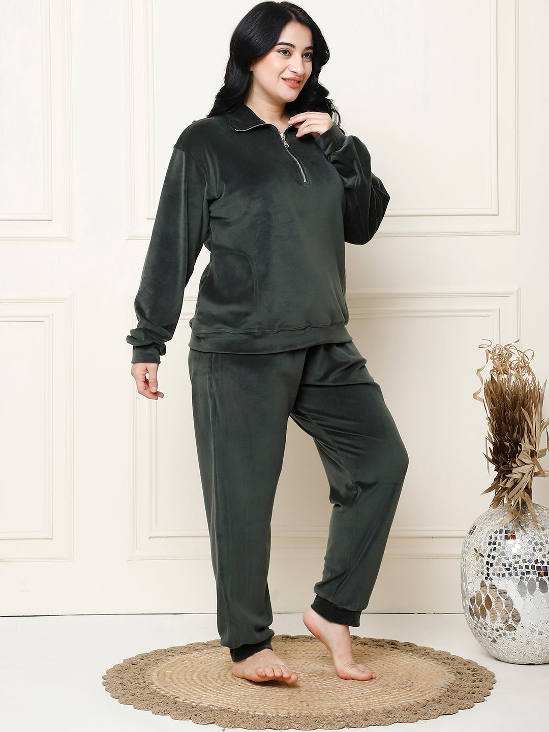 Olive Velvet Zip Lounge Set