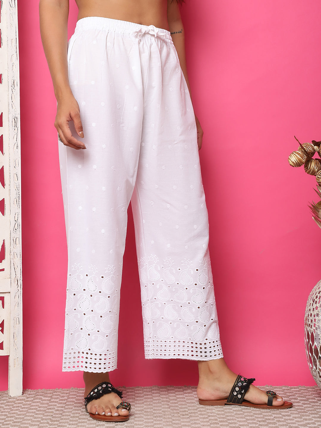 White Cotton Schifflie Palazzo