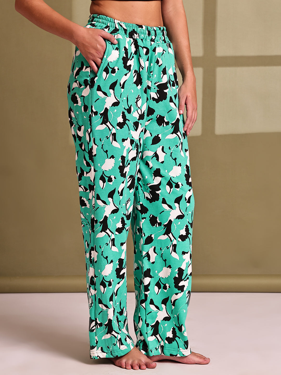 Green Floral  Terry Cotton Hosiery Lounge Pant