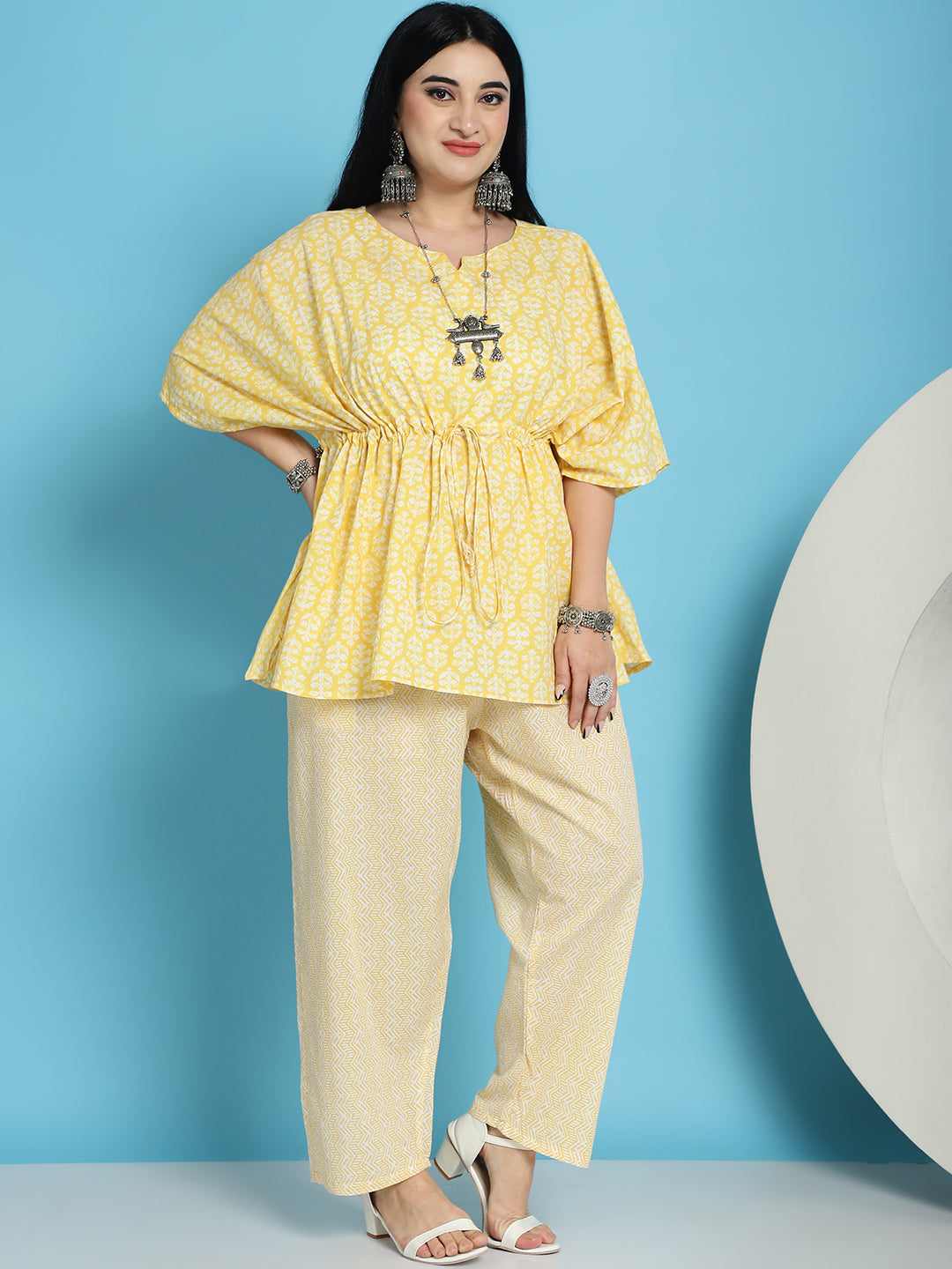 Plus Size Yellow Printed Cotton Kaftan And Pant Set