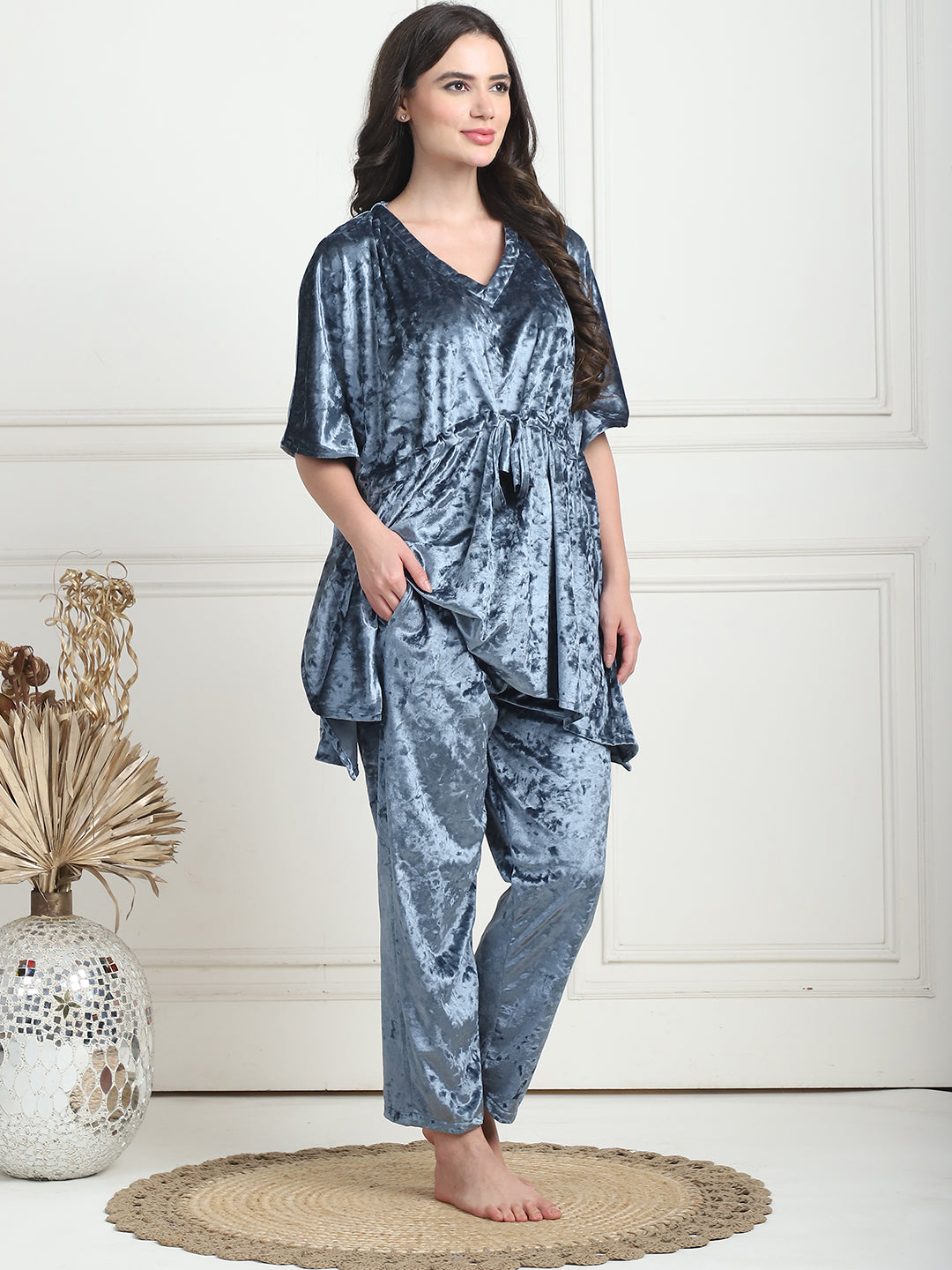 Metallic Blue Ice Velvet Kaftan Lounge Set