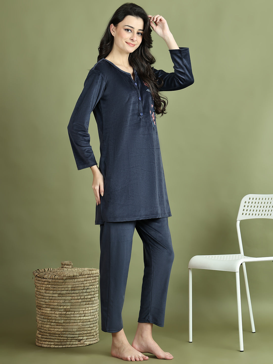 Navy Blue Embroidery Velvet Lounge Set
