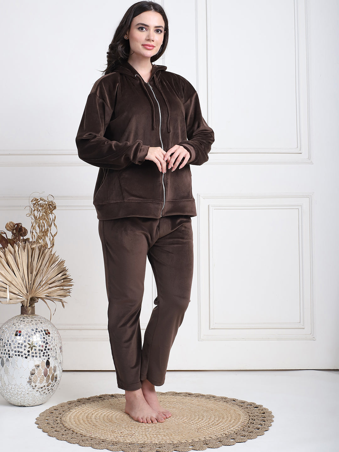 Brown Velvet Hoodie Lounge Set