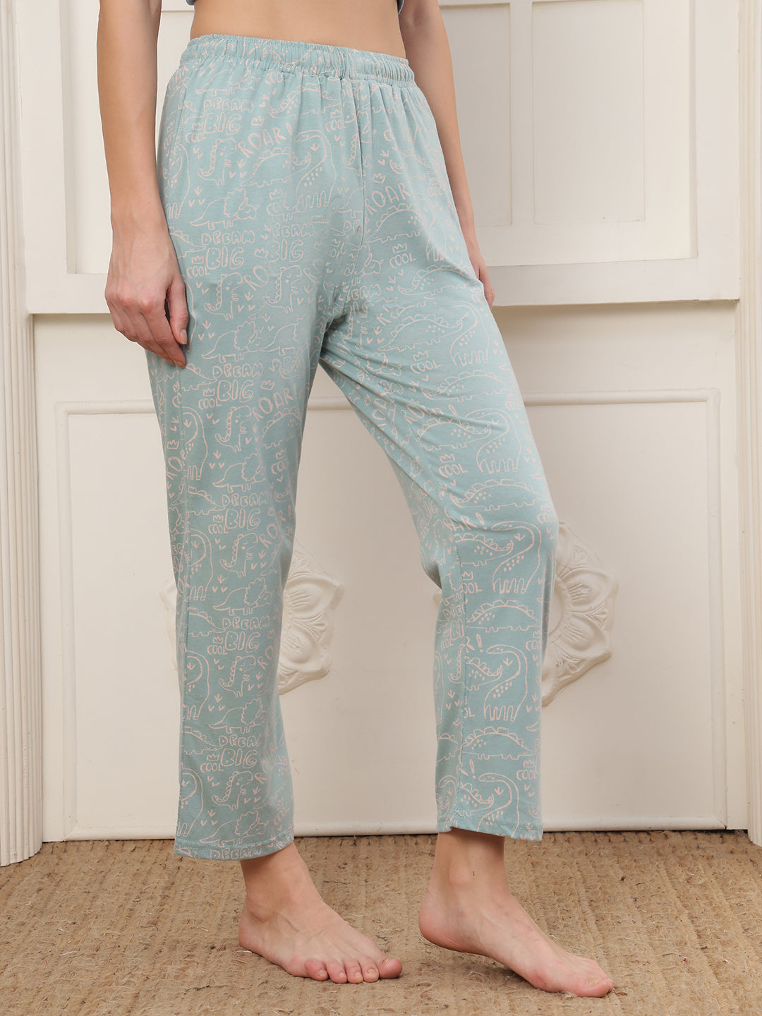 Teal Dino Printed Cotton Lounge Pant