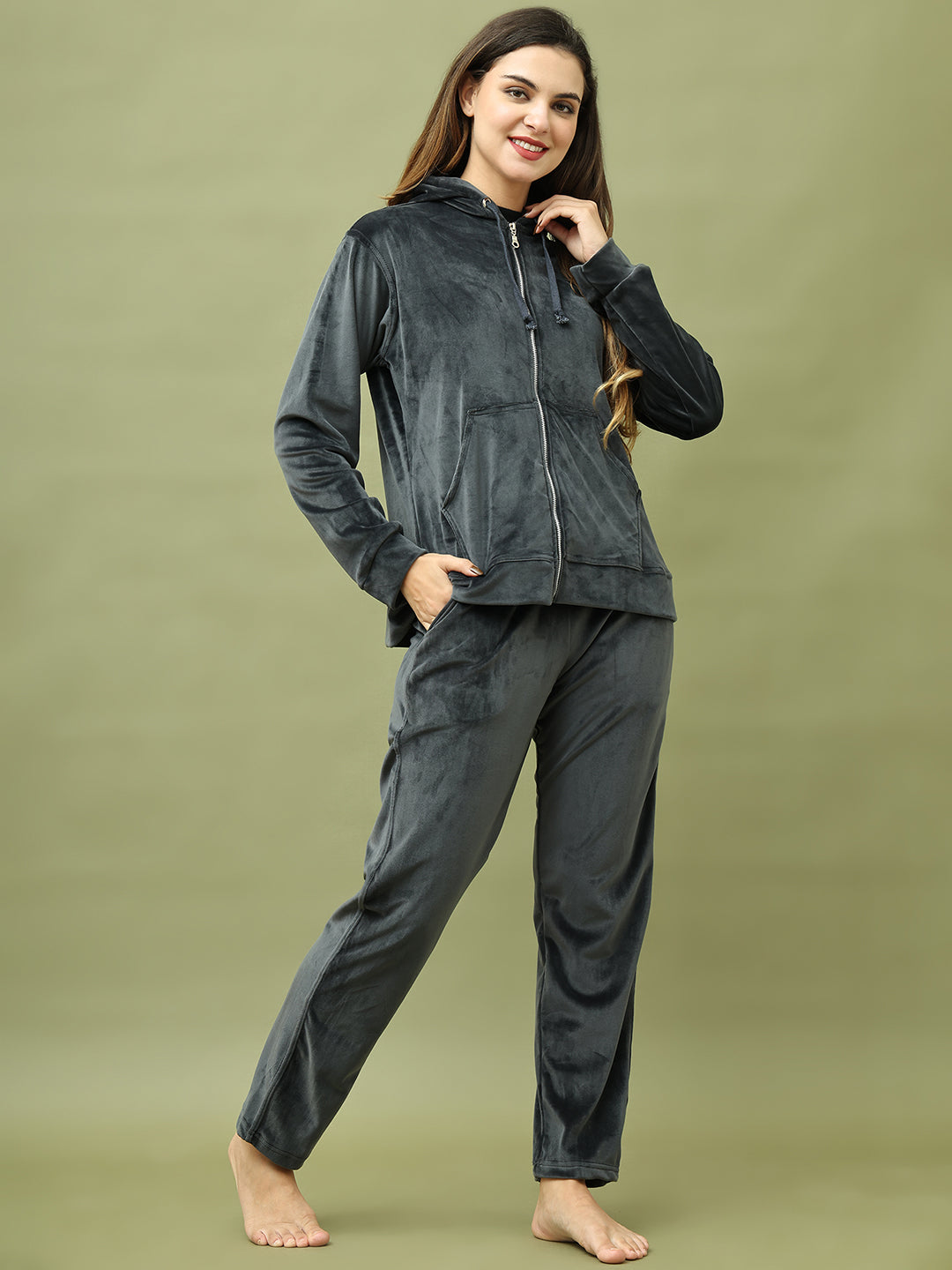 Dark Grey Velvet Hoodie Lounge Set