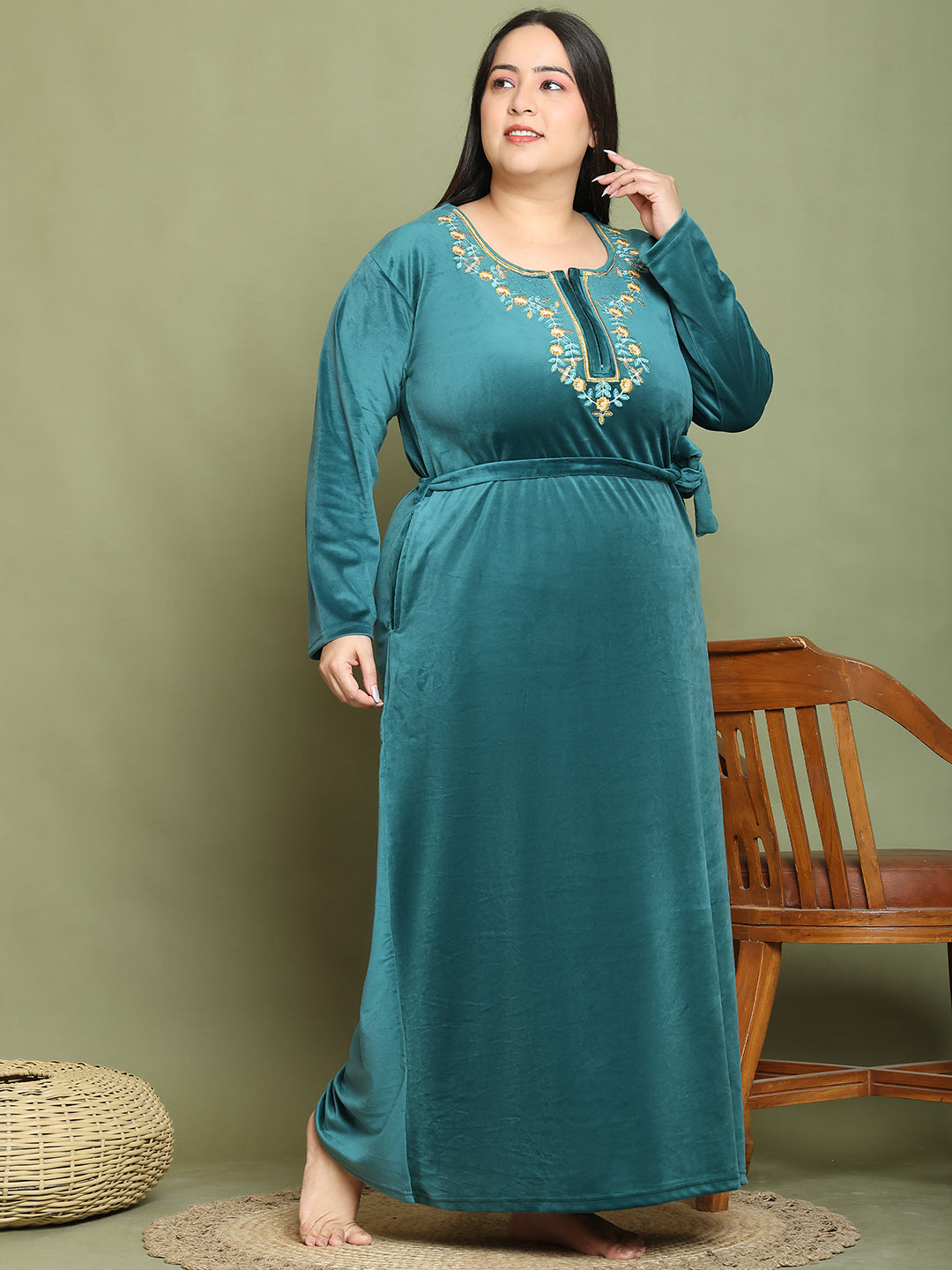 Bottle Green Embroidery Velvet Night Dress