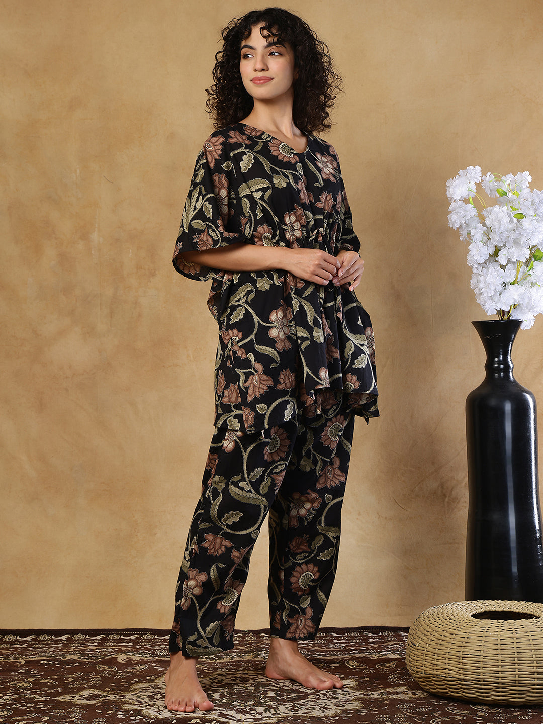 Midnight Blossom Cotton Kaftan Set