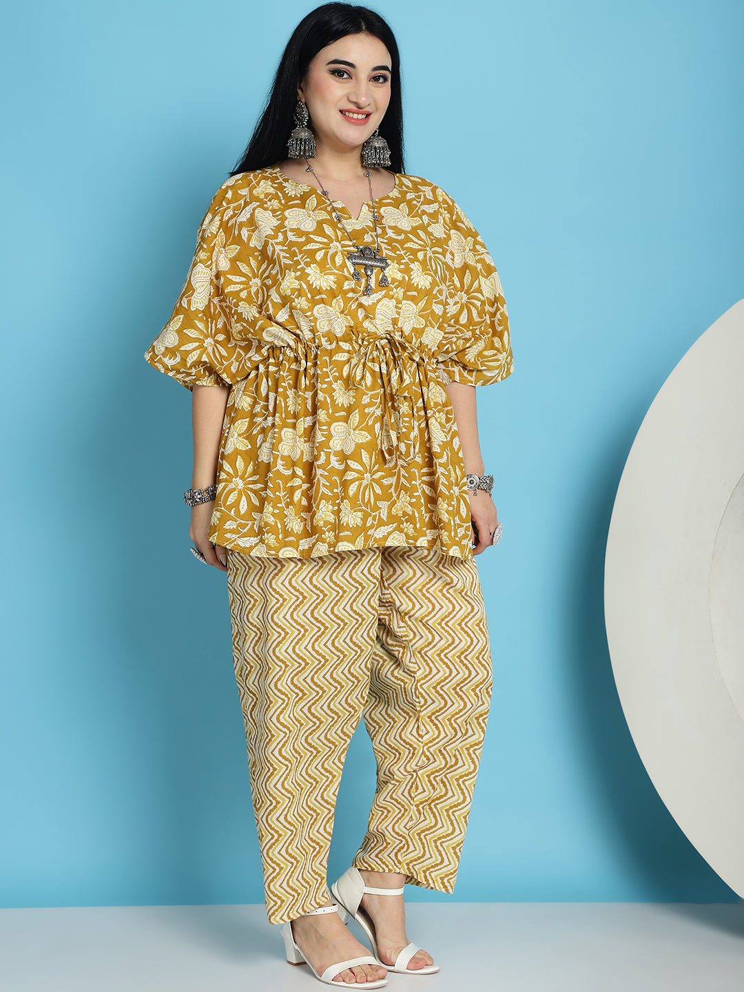 Plus Size Mustard Printed Cotton Kaftan And Pant Set