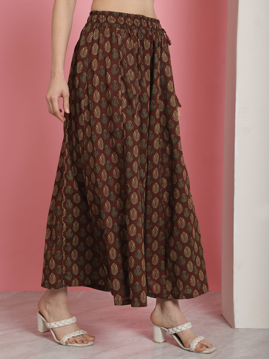 Red Printed Cotton Flared Kali Palazzo