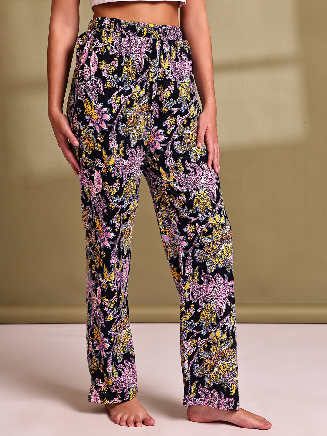 Black Paisley Cotton Hosiery Lounge Pant