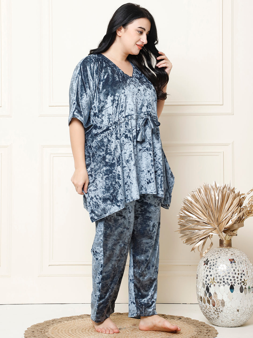 Metallic Blue Ice Velvet Kaftan Lounge Set