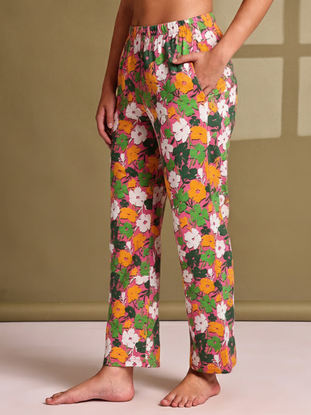 Pink Multi Flower Cotton Hosiery Lounge Pant