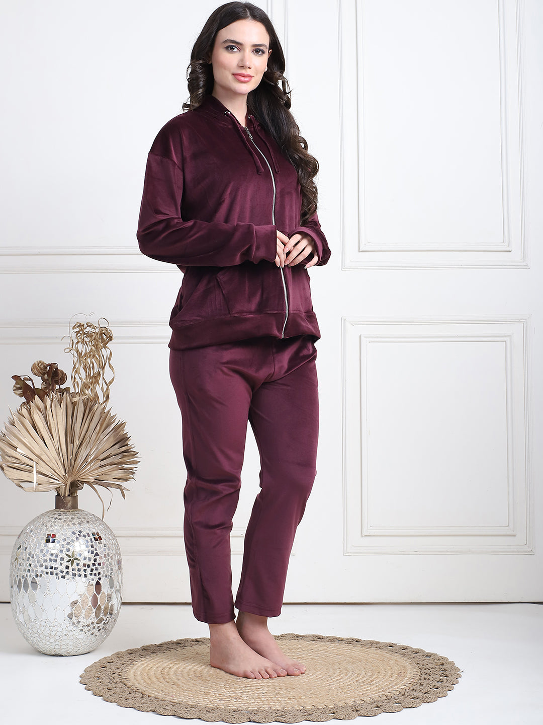 Wine Velvet Hoodie Lounge Set