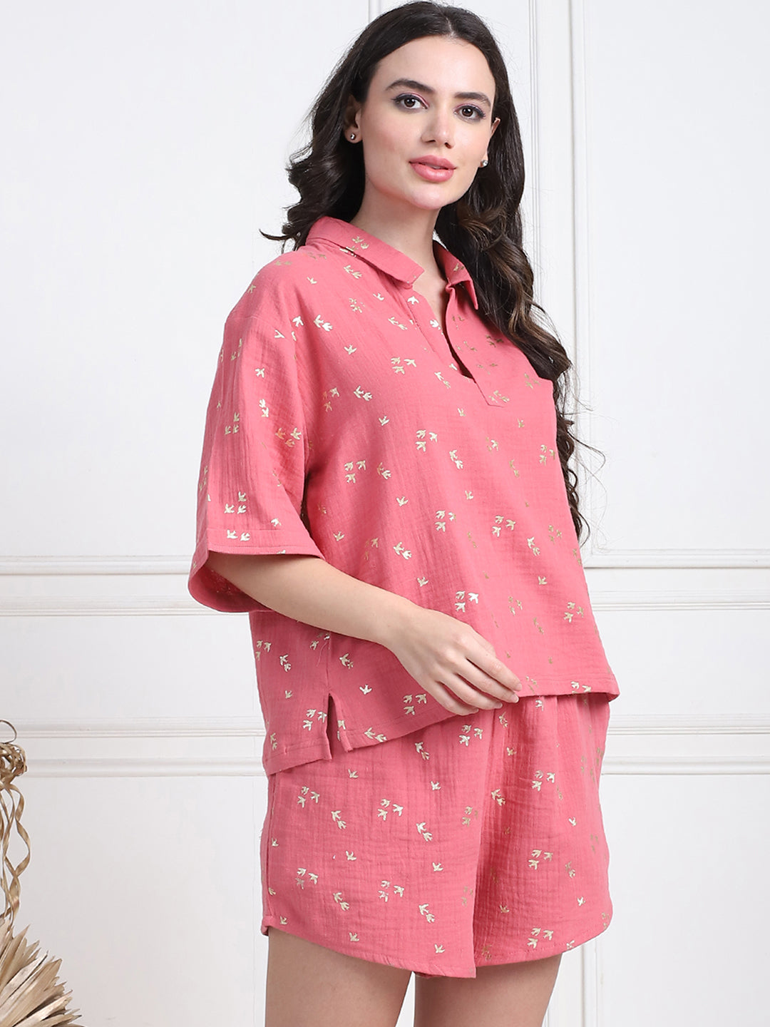 Pink Foil Print And Shorts Set