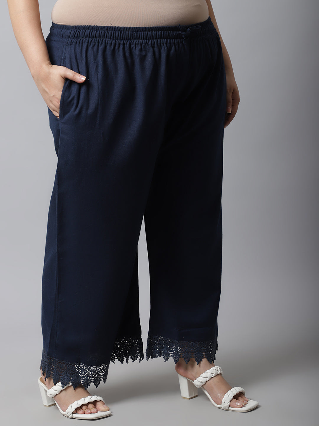 Navy Blue Crotchet Lace Cotton Flax Plus Palazzo