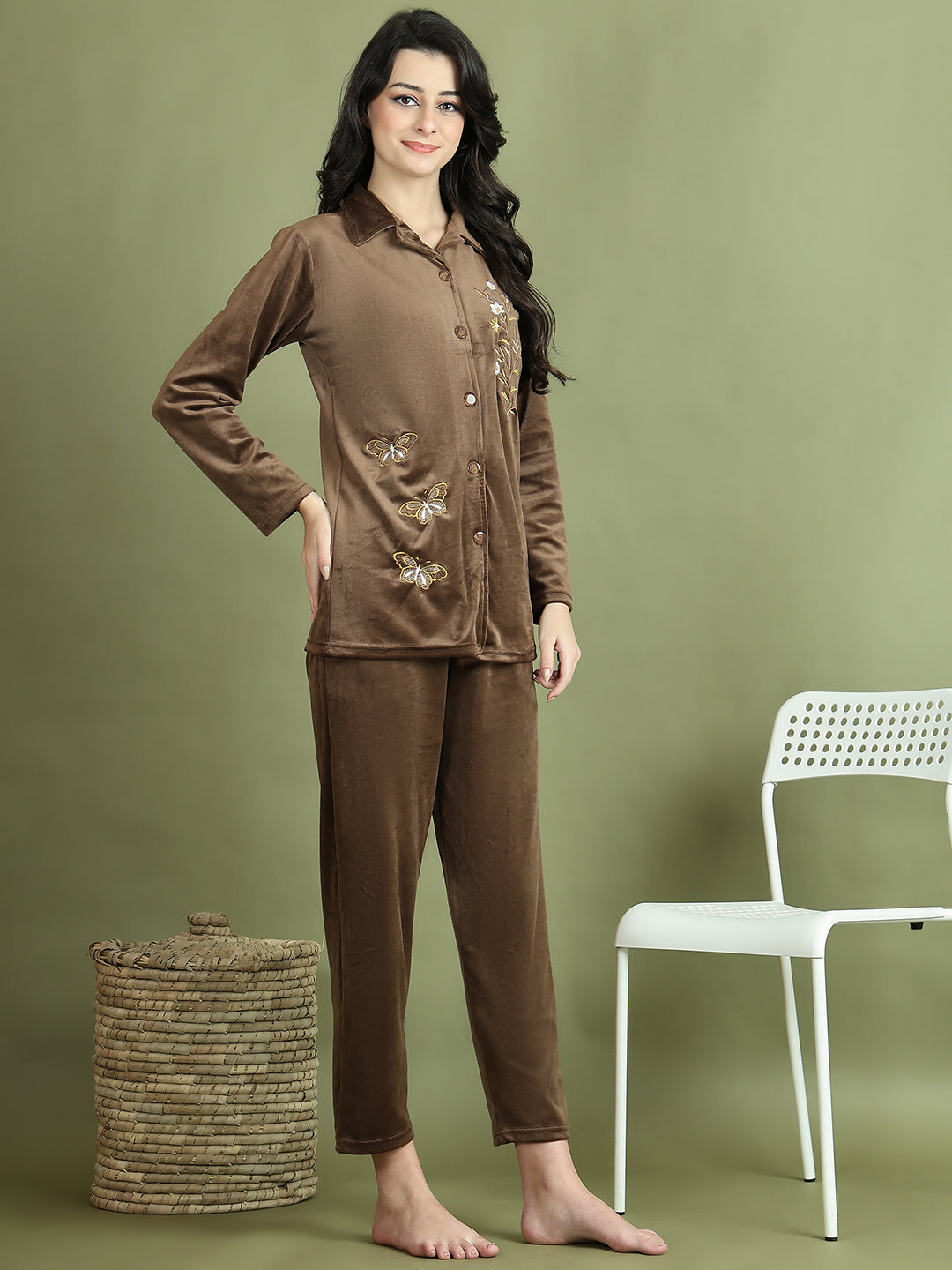 Brown Embroidery Velvet Lounge Set