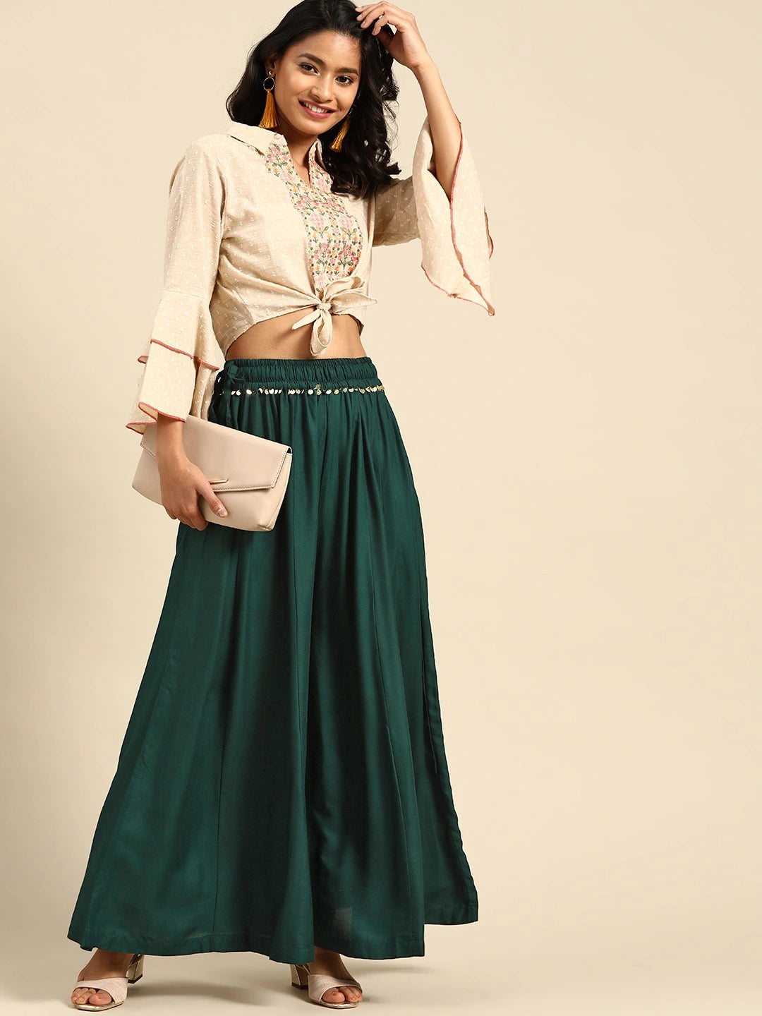 Bottle Green rayon double flared palazzo