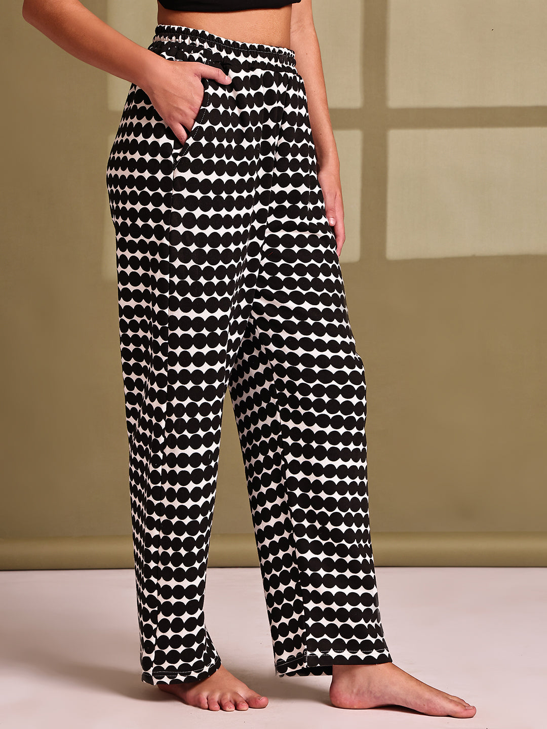 Black Polka Cotton Hosiery Lounge Pant
