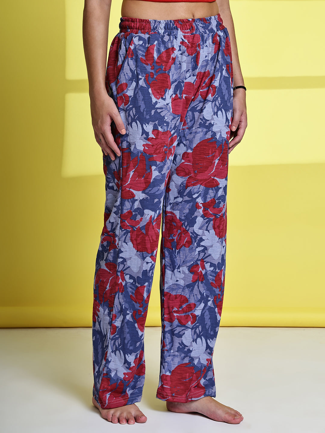 Grey Red Flower Cotton Hosiery Lounge Pant