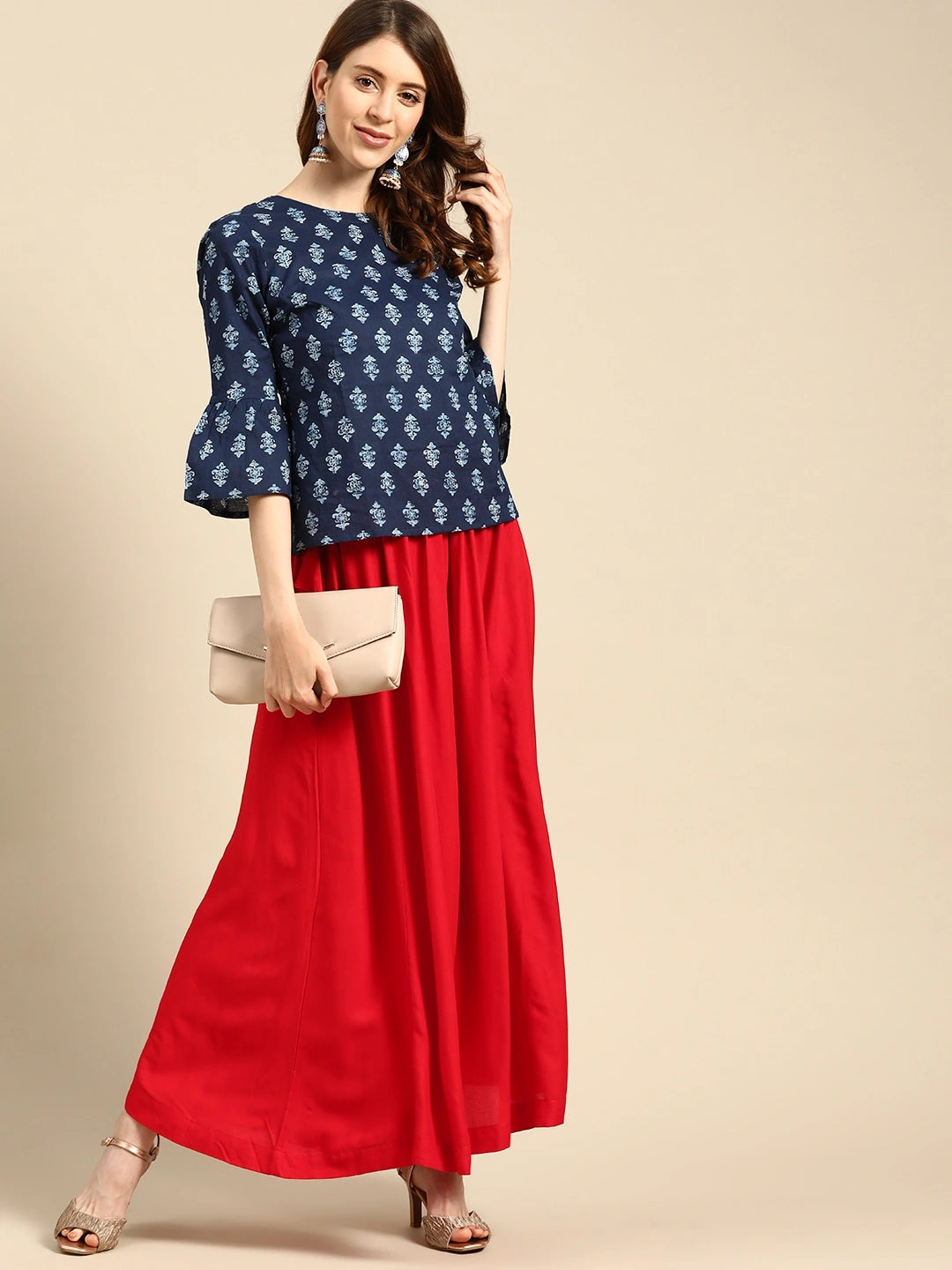 Red rayon double flared palazzo