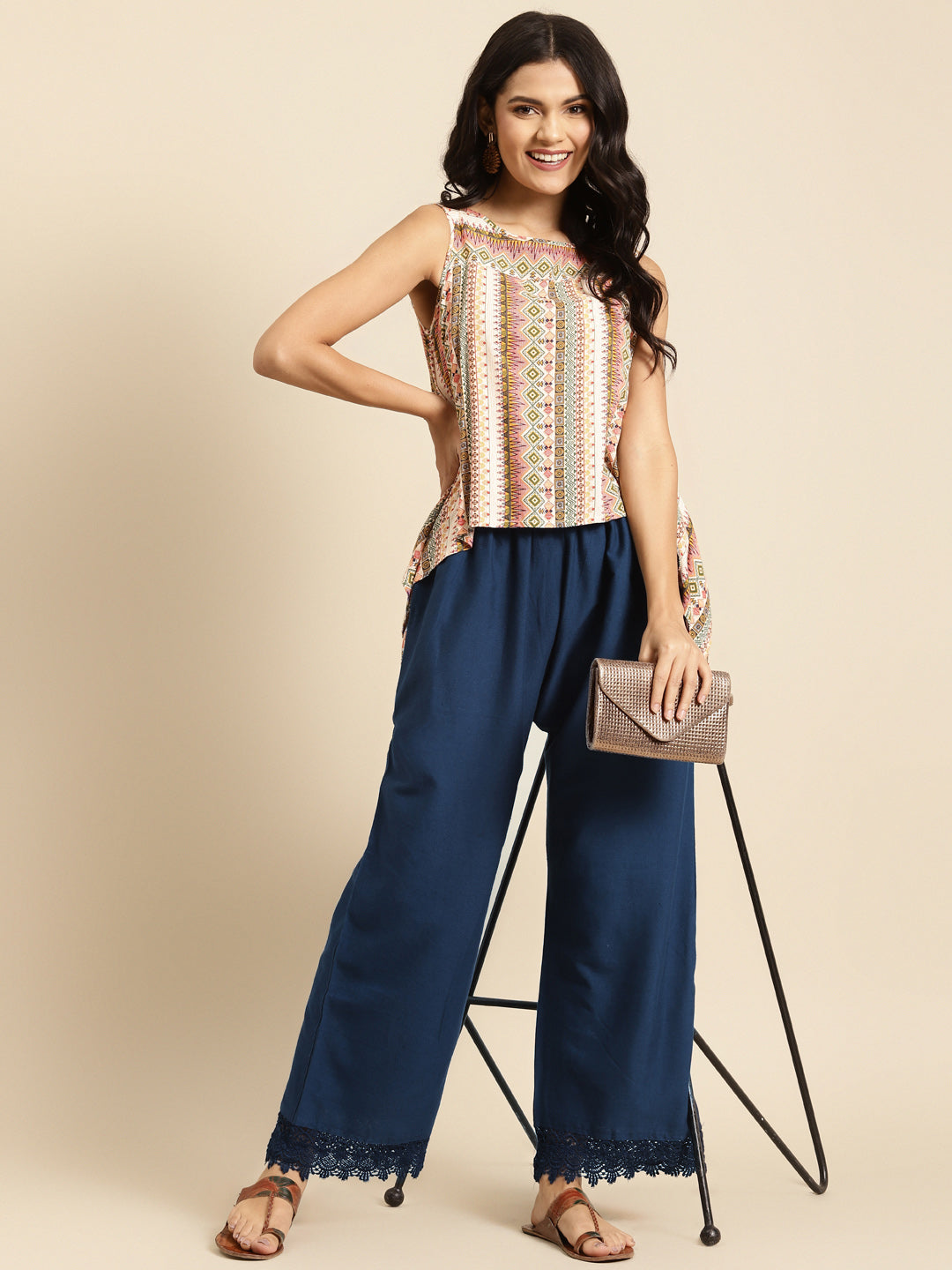 Navy Crotchet Lace Cotton Flax Palazzo