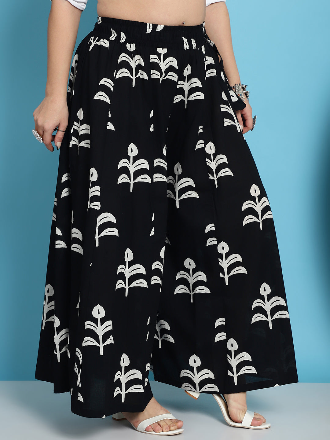 Black Block Print Cotton Flared Kali Palazzo