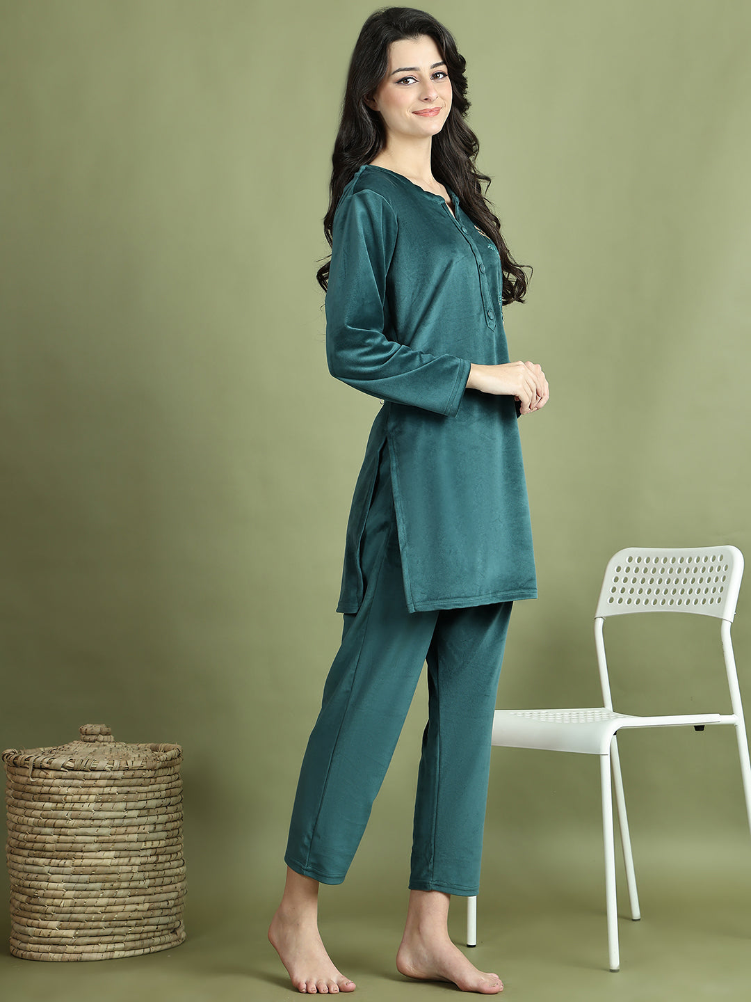 Bottle Green Embroidery Velvet Lounge Set