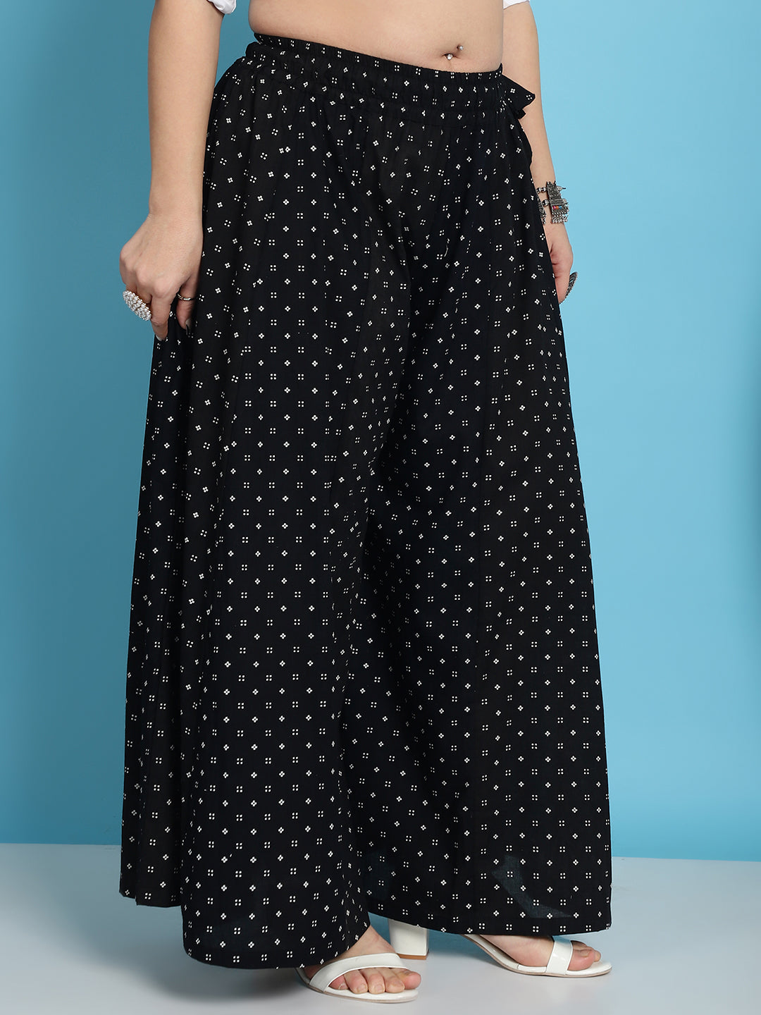 Black Printed Cotton Flared Kali Palazzo