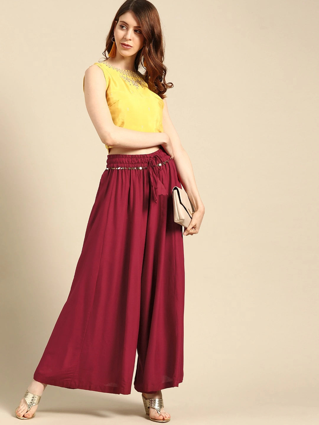 Maroon rayon double flared palazzo