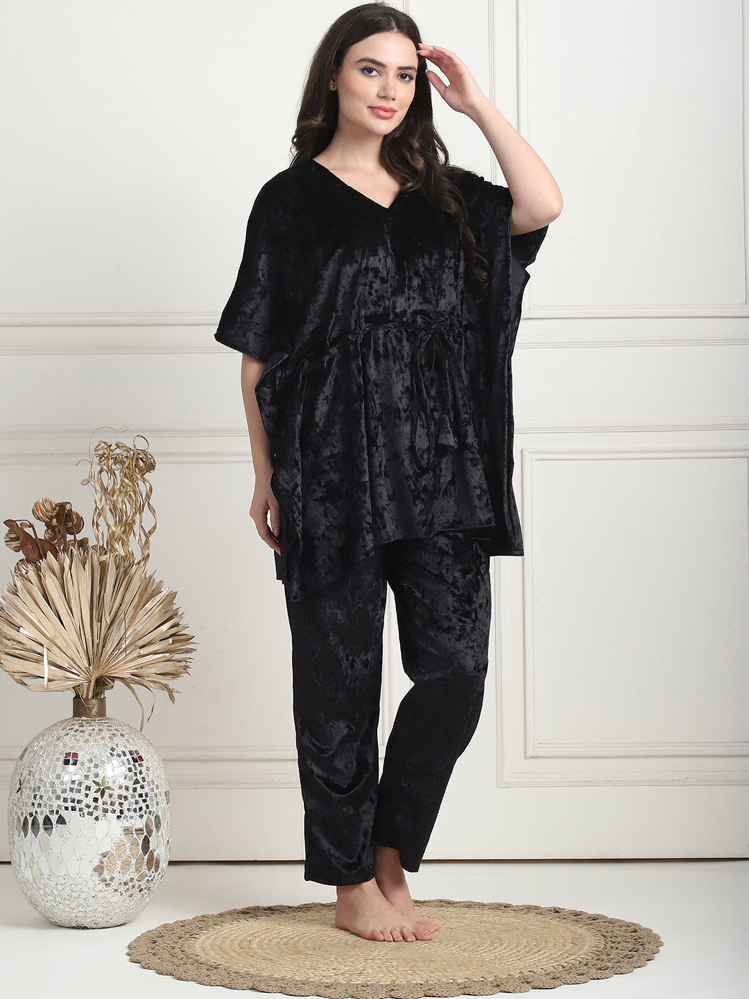 Metallic Black Ice Velvet Kaftan Lounge Set
