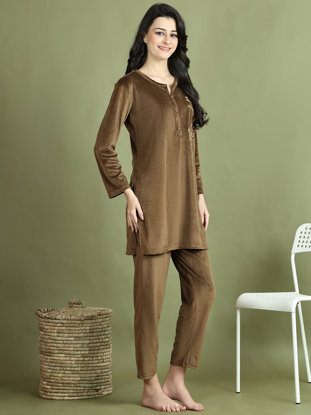 Brown Embroidery Velvet Lounge Set