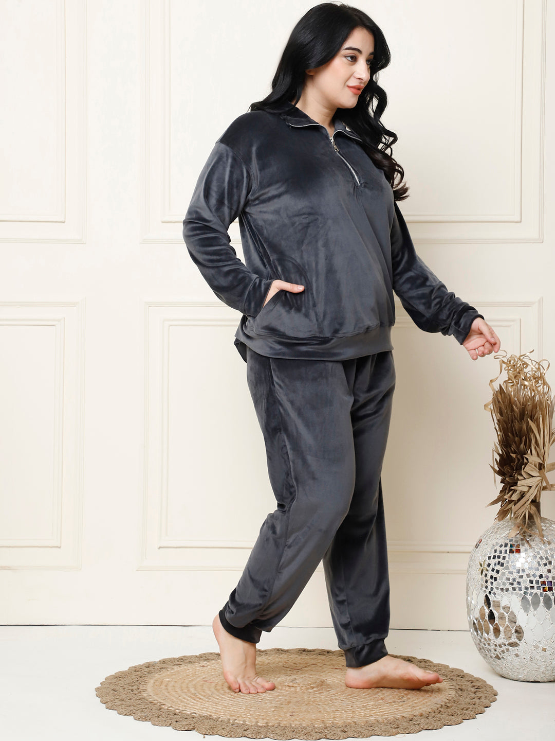 Dark Grey Velvet Zip Lounge Set