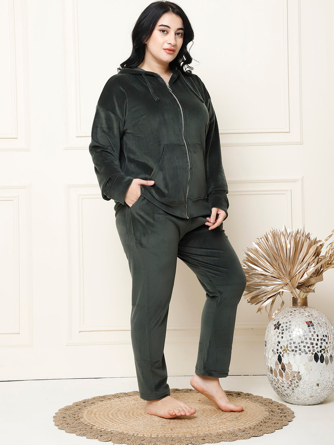 Olive Velvet Hoodie Lounge Set